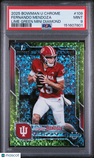 Fernando Mendoza 2025 Bowman University Chrome #109 Lime Green Mini Diamond 233/275 PSA 9