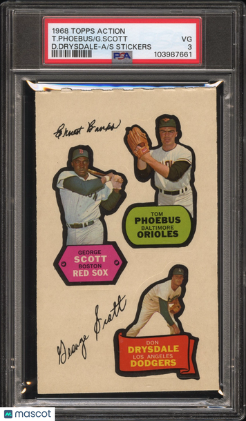 1968 Topps Action All-Star Stickers G. Scott T. Phoebus D. Drysdale PSA 3