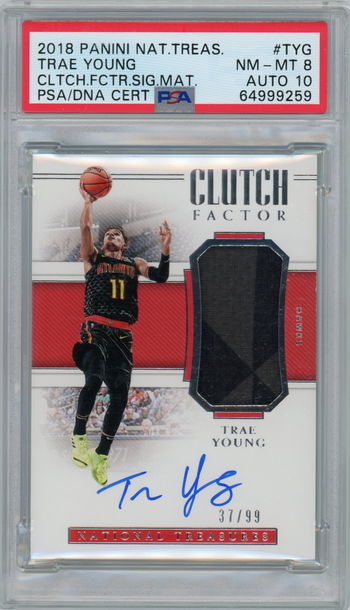 2018 National Treasures Trae Young Clutch Factor Signature Materials Auto Jersey RPA #'d 37/99 PSA 8 / 10