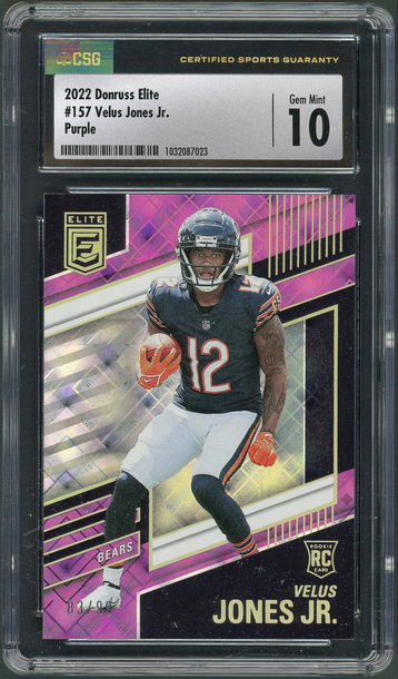 2022 Donruss Elite Velus Jones Jr. RC #157 Purple /99 - CSG Gem Mint 10