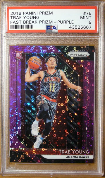 Trae Young 2018 Prizm #78 Fast Break Purple /75 PSA 9