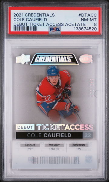 2021 Upper Deck Credentials Debut Ticket Access Acetate Cole Caufield #DTACC /249 PSA 8