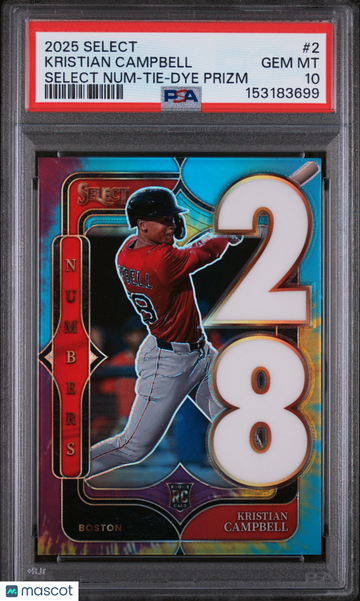 Kristian Campbell 2025 Panini Select #2-Select Num Tie Dye Prizm 25/25 PSA 10