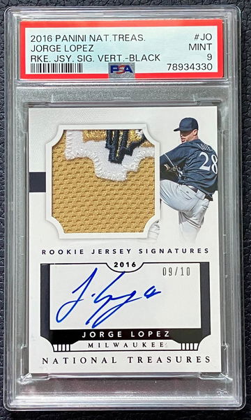 2016 Panini National Treasures Jorge Lopez R Jersey Signatures Vert 9/10 PSA 9