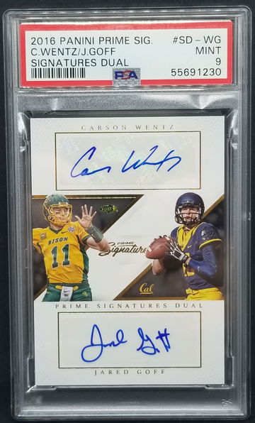 Jared Goff 2016 Prime Signatures Dual Carson Wentz Auto /99 PSA 9