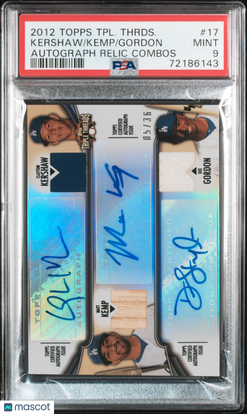 2012 Topps Triple Threads Autograph Relic Combos Gordon Kemp Kershaw #17 /36 PSA 9