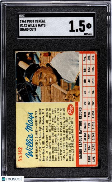 1962 Post Cereal Willie Mays #142 SGC 1.5