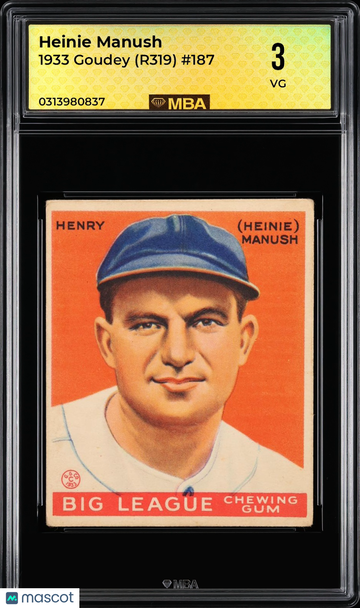 Graded 1933 Goudey #187 Heinie Manush MBA 3 Henry (Heinie) Manush Baseball Card