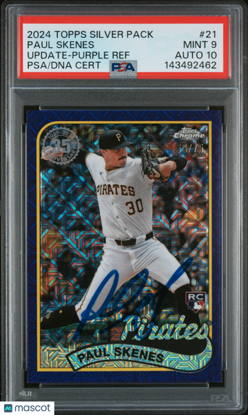 2024 Topps Silver Pack 1989 Chrome Promo Paul Skenes #21 Update Purple Ref PSA 9 Auto 10