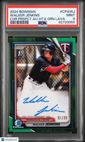 2024 Bowman Chrome Prospect Autographs Walker Jenkins #CPAWJ Prspct Hta GRN Lava /99 PSA 9