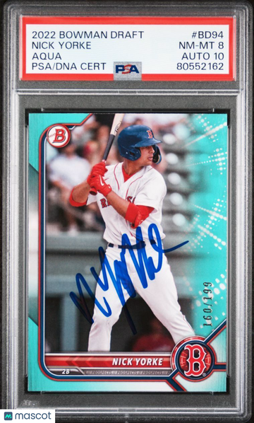 2022 Bowman Draft Nick Yorke #BD94 Aqua PSA 8 Auto 10