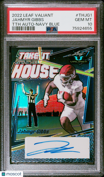 2022 Leaf Valiant Take It To The House Autographs Jahmyr Gibbs #THJG1 TTH Navy Blue /20 PSA 10
