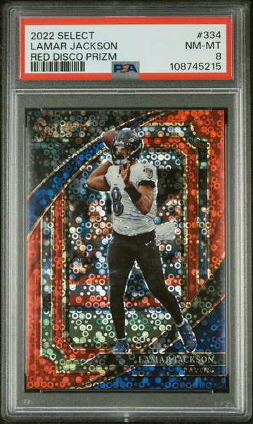 2022 Panini Select Suite Level Red Disco Prizm Lamar Jackson #334 /49 PSA 8