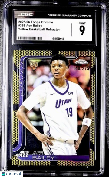 Graded 9 2025 Topps Chrome Ace Bailey #255 Yellow Refractor Rookie Auto Utah Jazz Basketball Card