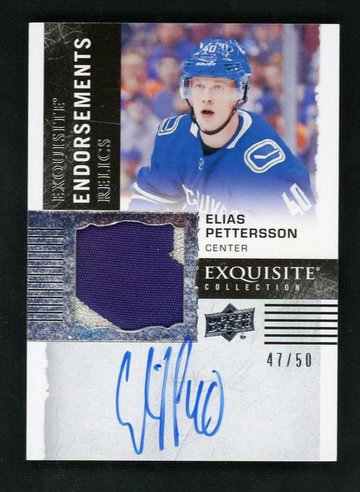 2018 Upper Deck Exquisite Collection ER-EP Elias Pettersson Exquisite Endorsements Relics /50 Vancouver Canucks Auto