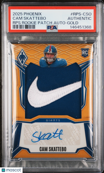 2025 Panini Phoenix RPS Rookie Patch Autographs Cam Skattebo #RPS-CSO Gold /10 Rookie PSA A