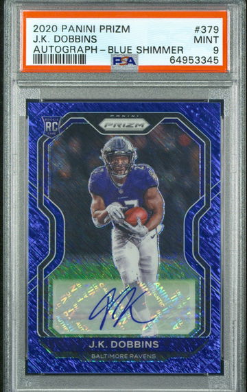 2020 Panini Prizm JK Dobbins Blue Shimmer FOTL RC Auto /25 Ravens SP PSA 9 Mint