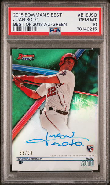 2018 Bowman's Best Best of '18 Autographs Green Refractor Juan Soto #B18JSO /99 PSA 10