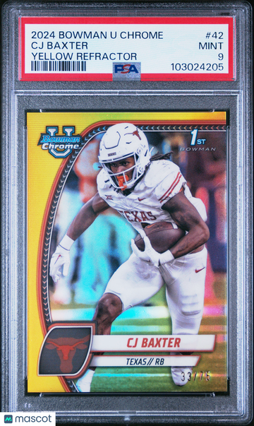 2024 Bowman University Chrome Cj Baxter #42 Yellow Refractor /75 PSA 9