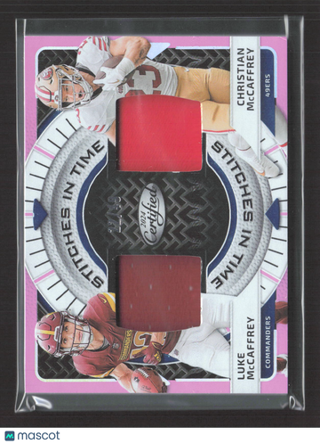 2024 Panini Certified Stitches in Time Pink Dual Jersey Patch Football Card SITD-LMY-CMY Luke Christian McCaffrey