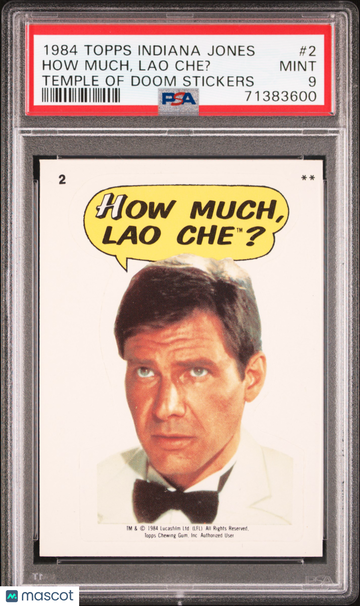 1984 Topps Indiana Jones Stickers Harrison Ford Lao Che? #2 PSA 9