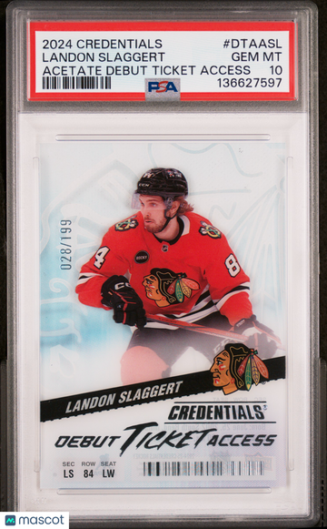 2024 Upper Deck Credentials Acetate Debut Ticket Access Landon Slaggert #DTAASL /199 Rookie PSA 10