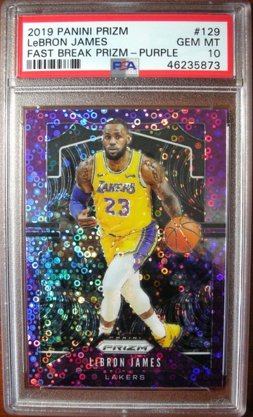 LeBron James 2019 Panini Prizm Fast Break Purple /75 PSA 10