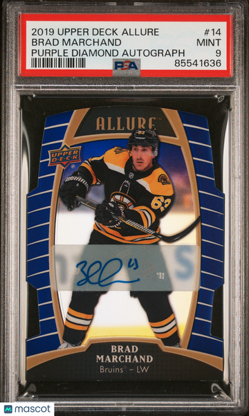 2019-10 Upper Deck Allure Brad Marchand #14 Purple Diamond Autograph 04/10 PSA 9