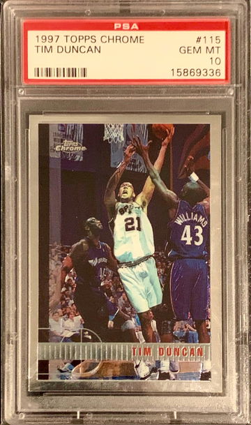 1997-98 Topps Chrome #115 Tim Duncan Spurs RC Rookie PSA 10 GEM MINT