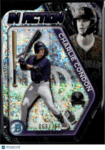 Charlie Condon 2025 Bowman Chrome In Action Blue Shimmer Refractor /150 Colorado Rockies