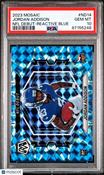 2023 Panini Mosaic Jordan Addison #ND-14 Reactive Blue Mosaic Prizm Parallel/Variety Rookie Insert PSA 10