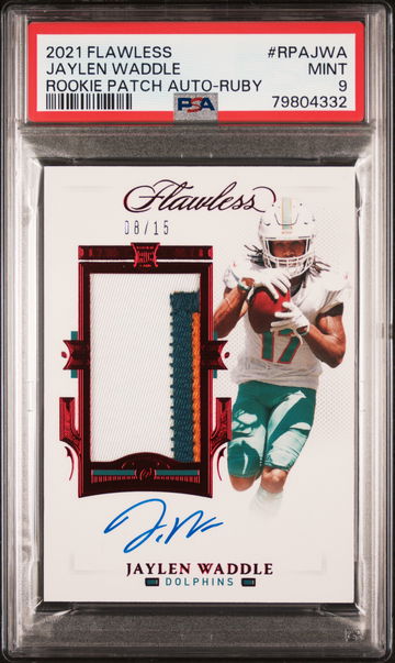 2021 Flawless #RPA-JWA Jaylen Waddle Rookie Patch Auto-Ruby /15 Auto PSA 9