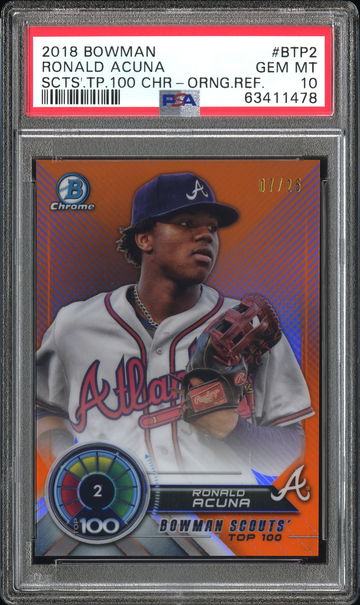 2018 Bowman Chrome Scouts Top 100 Ronald Acuna Orange Refractor /25 PSA 10 Rare SSP Pop 3 Card# BTP2