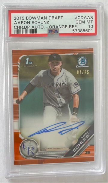 2019 Bowman Draft Aaron Schunk Chrome Draft Picks Auto Orange 7/25 PSA 10