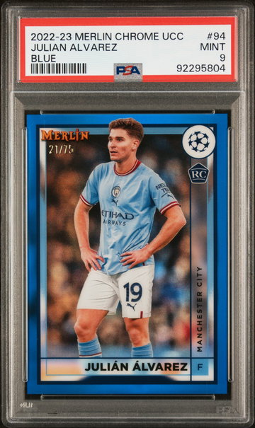 2022-23 TOPPS MERLIN UEFA UCC JULIAN ALVAREZ #/75 BLUE REFRACTOR #94 RC PSA 9