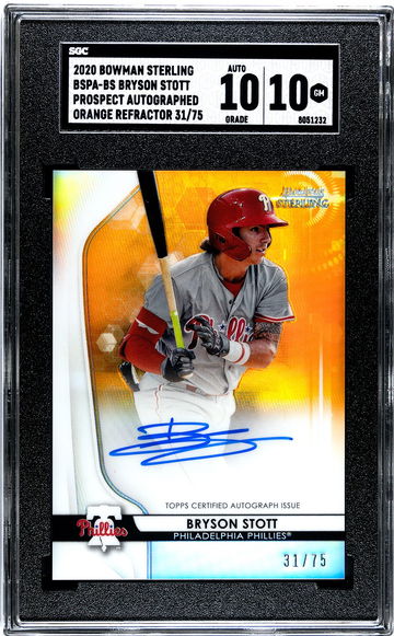 2020 Bowman Sterling Prospect Autographed Orange Refractor /75 Byson Stott SGC 10 w 10 Auto Pop 2!!