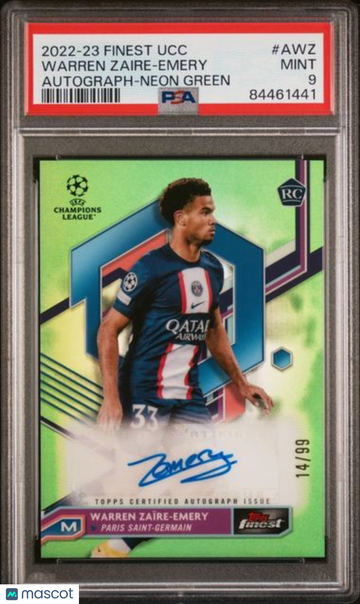 2022-23 Topps Finest UEFA Club Competitions Autographs Warren Zaire-Emery #AWZ Neon Green Refractor /99 PSA 9