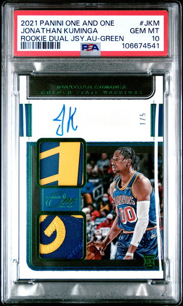 2021 Panini One and One Rookie Dual Jersey Autographs Green Jonathan Kuminga #JKM /5 PSA 10