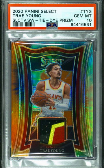 2020-21 Panini Select Trae Young Tie Dye Prizm Swatch /14 PSA 10 Gem Mint Pop 1