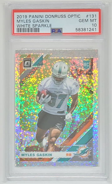 2019 OPTIC MYLES GASKIN WHITE SPARKLE PRIZM SSP RC #131 PSA 10 DOLPHINS #/20 POP 1