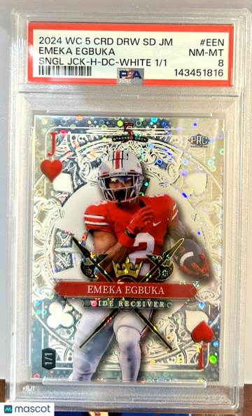 Graded 2024 Wild Card Emeka Egbuka White One of One PSA 8 Leaf Label Auto SDPC-EEN Football Card