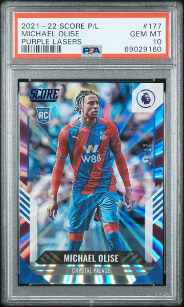 2021 PANINI SCORE PREMIER LEAGUE MICHAEL OLISE #/15 PURPLE LASERS #177 RC PSA 10