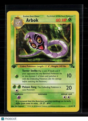 Pokemon 1999 Fossil Arbok 1st Edition #31/62