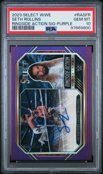 2023 Panini Select WWE Ringside Action Signatures Purple Seth Freakin Rollins #RASFR 99/99 PSA 10