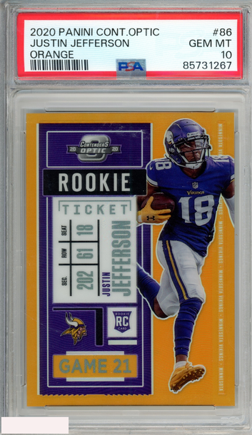 2020 PANINI CONTENDERS OPTIC JUSTIN JEFFERSON #86 ORANGE 14 OF 50 ROOKIE PSA 10
