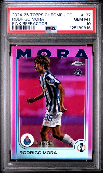 2024-25 TOPPS CHROME UEFA UCL RODRIGO MORA #/250 PINK #137 RC ROOKIE PSA 10