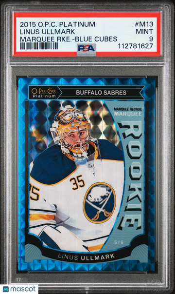 2015-16 O-Pee-Chee Platinum Marquee Rookies Linus Ullmark #M13 Blue Cubes /75 Rookie PSA 9