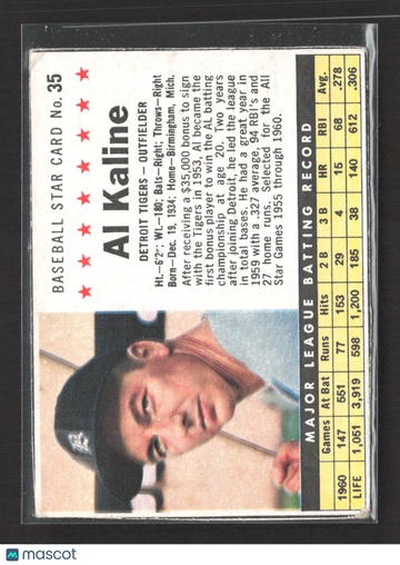 1961 Post Cereal Baseball Al Kaline #35