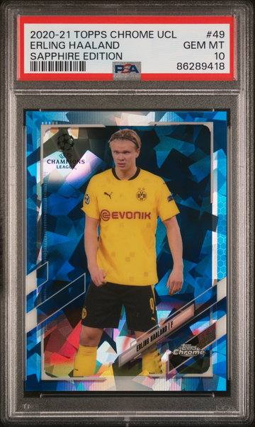 2020 TOPPS CHROME UEFA CHAMPIONS LEAGUE SAPPHIRE ERLING HAALAND #49 PSA 10