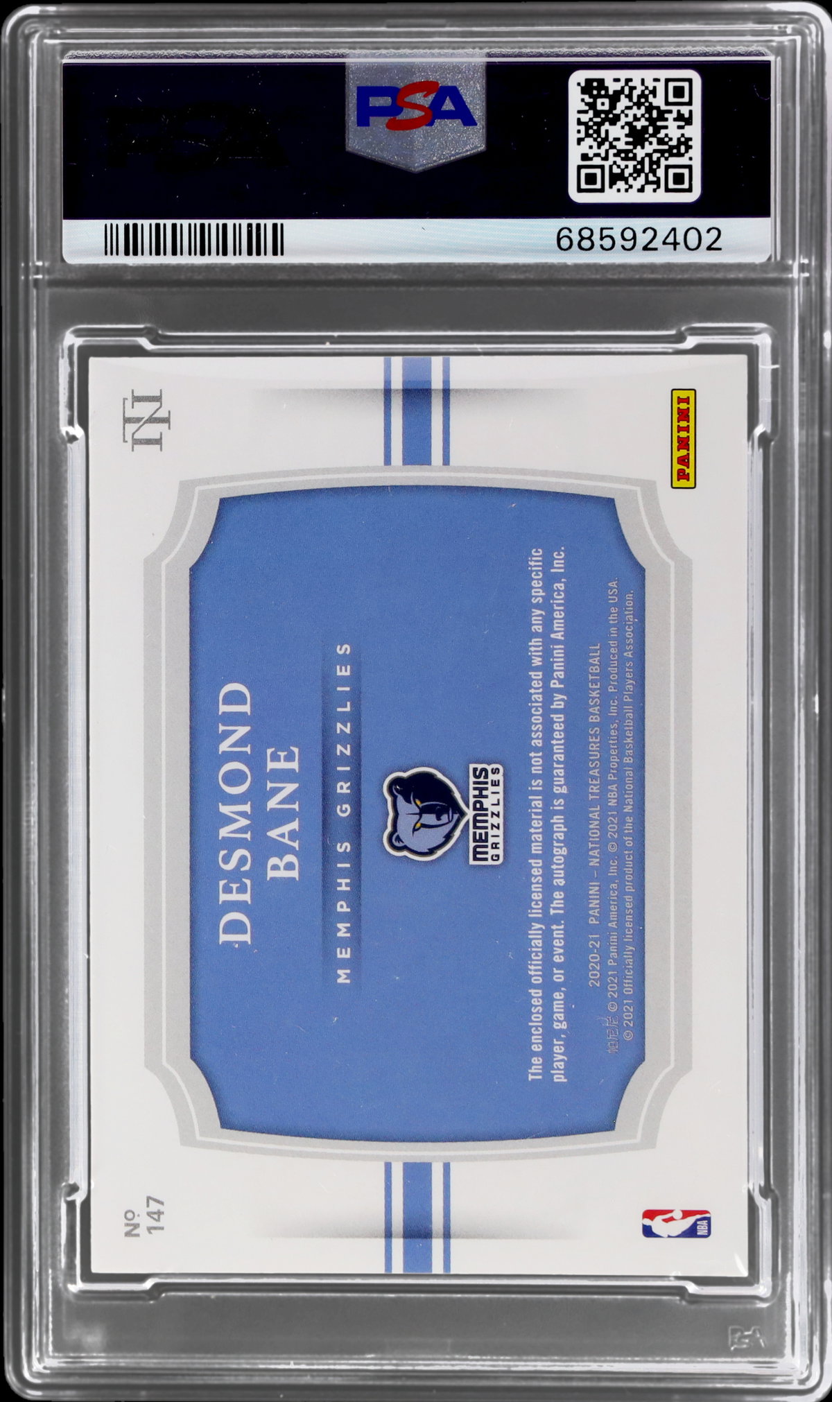 2020 National Treasures Desmond Bane Rookie Patch Autograph 